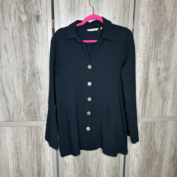 Soft Surroundings Top Women Small Button Down Lagenlook Roll Tab Sleeves Black - Picture 1 of 8